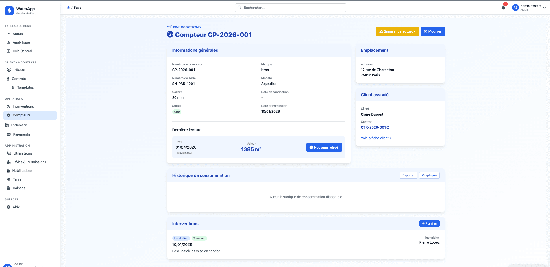 Détail compteur avec relevés de consommation et interventions