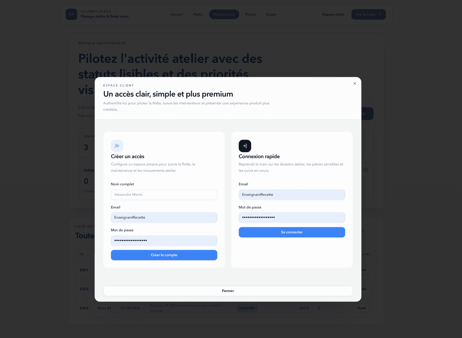 Écran d'authentification et création de compte FleetClean