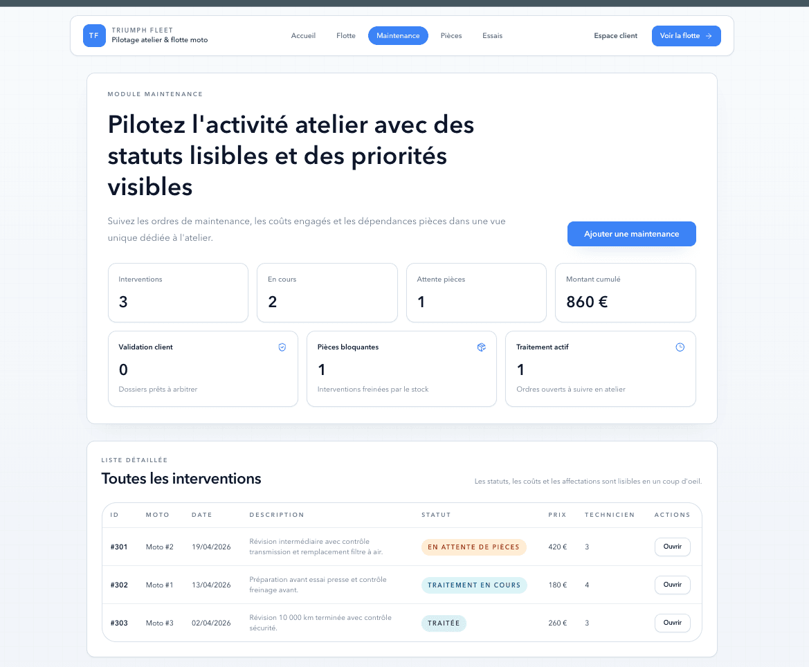 Vue responsive du module maintenance FleetClean