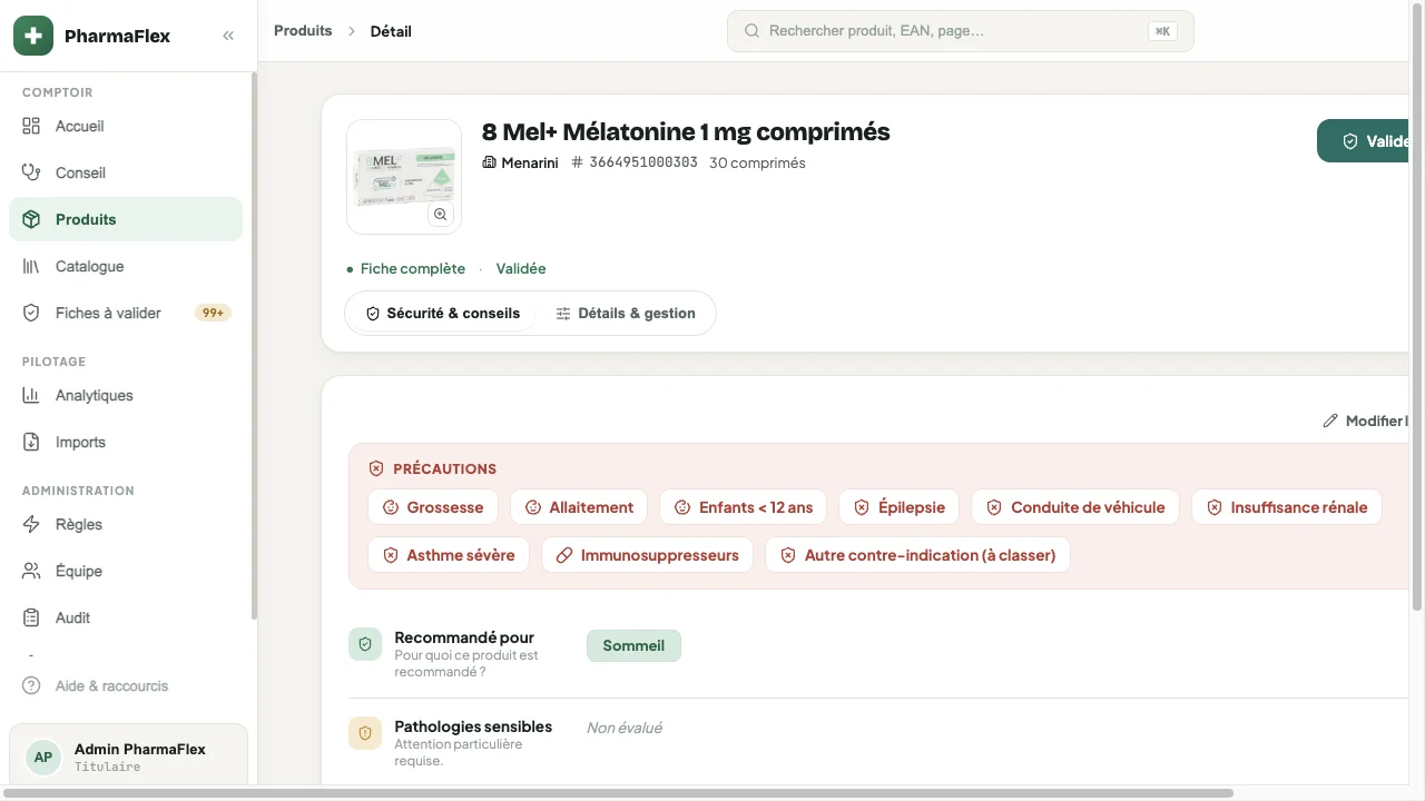 Fiche produit : précautions, contre-indications et indications recommandées.