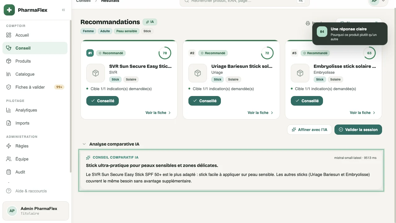 Recommandations classées et scorées, avec l'analyse comparative du conseil.