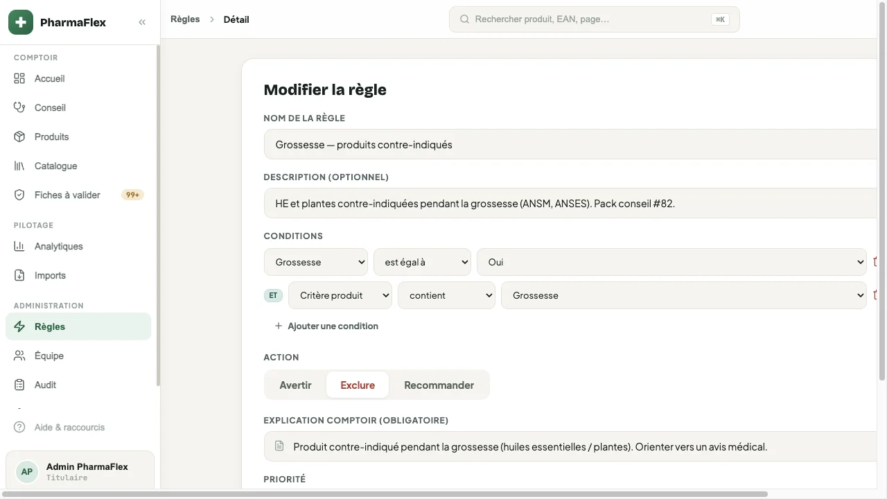 Détail d'une règle métier dans la console d'administration.