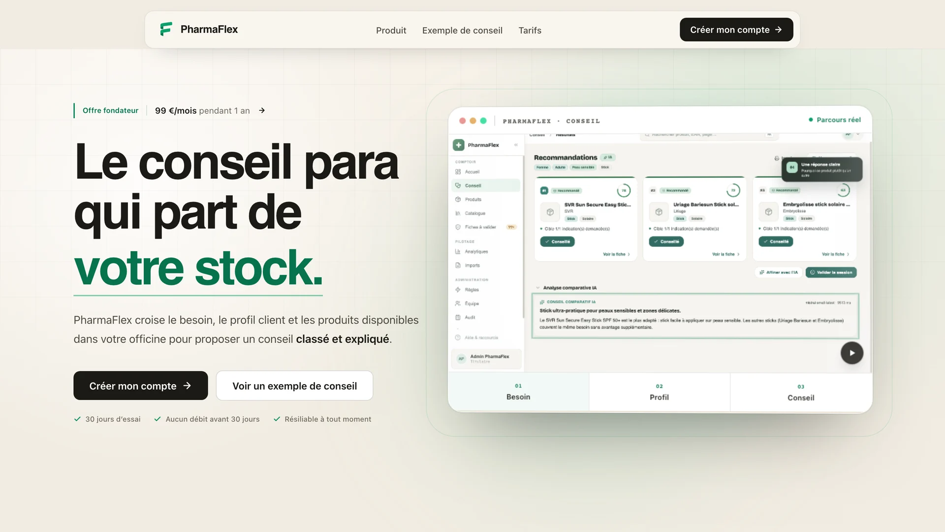Site vitrine PharmaFlex : page d'accueil avec la démo du parcours conseil.
